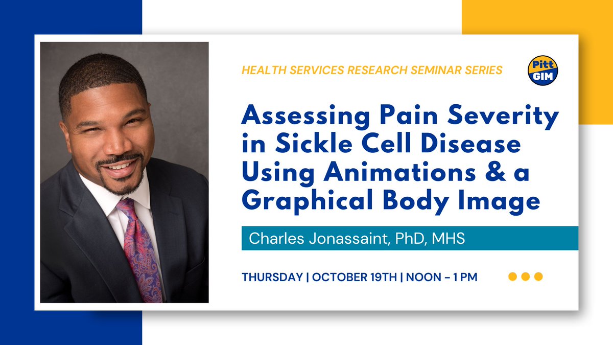 PittGIM's tweet photo. There's still time to register for today's #PittHSRseminar with @drjonassaint! Dr. Jonassaint will present data testing the construct validity of using animations & a paintable body image for assessing #PainOutcomes in #SickleCellDisease.
Register here: https://t.co/IcCufQ7Qcx https://t.co/Z7ZY2hI9bV
