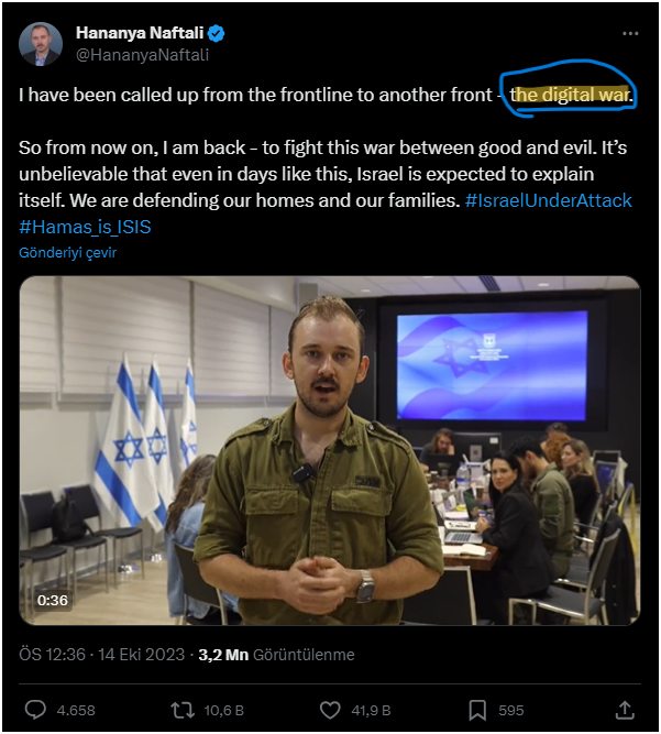 AltayCemMeric's tweet photo. Netanyahu basın sözcüsü ; ''DİJİTAL SAVAŞ'' diyor.

Yazdıkların önemsiz olsaydı engellenmezdi. Tüm platformlarda engellemeye çalışıyorlar. O halde yaz.

Katıl DİJİTAL SAVAŞA. #GenocideSupporters https://t.co/Ms4QAiV09t