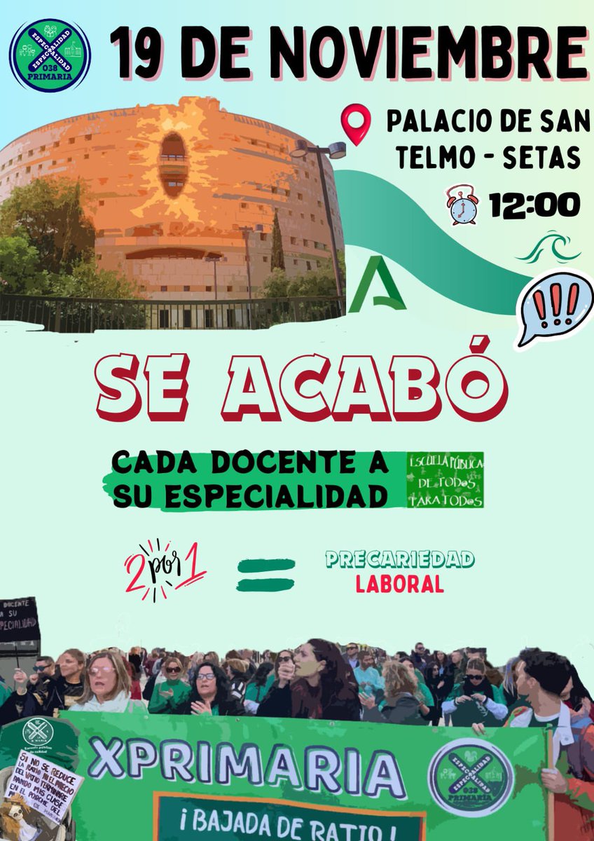💪🏻EL 19N NOS VEMOS EN LA CALLE LUCHANDO POR NUESTRA ESPECIALIDAD Y POR LA EDUCACIÓN PÚBLICA💪🏻

❌No a las ratios elevadas.

❌No al 2x1.

❌No al mal funcionamiento de SIPRI.

❓Dónde están los 507 Apoyos❓

#SeAcabó
#Al19NPorLaPública