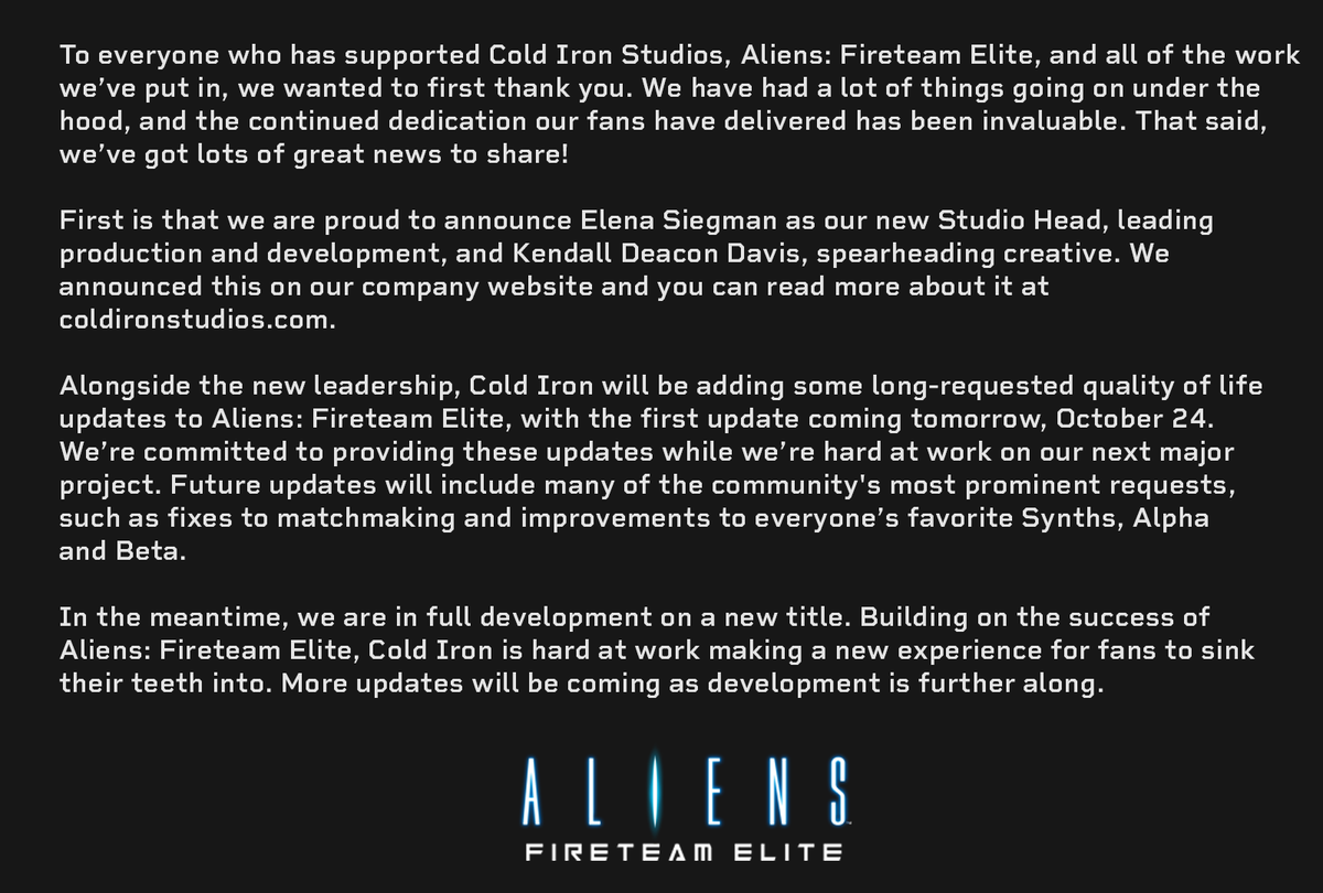 An important update about Aliens: Fireteam Elite.