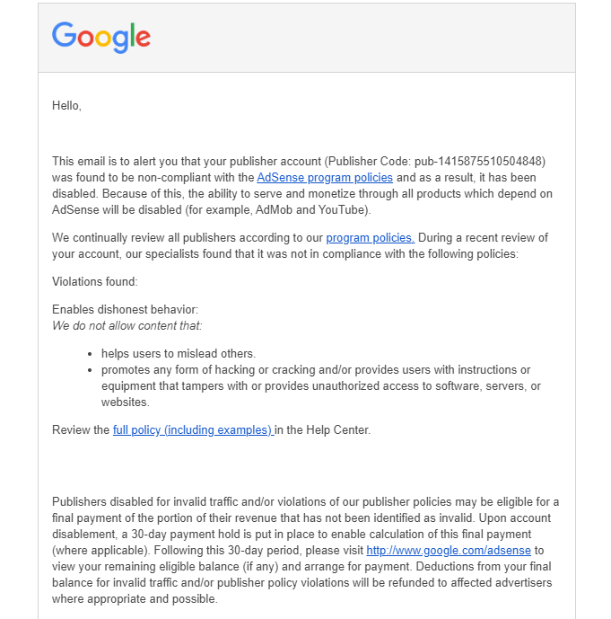 My Google Adsense/AdMob account (pub-1415875510504848) was mistakenly deactivated for an alleged "enabling dishonest behavior and hacking", and I need urgent support from YouTube/Google.

If you evaluate my game development content on my YouTube channel (youtube.com/@jasperdev)