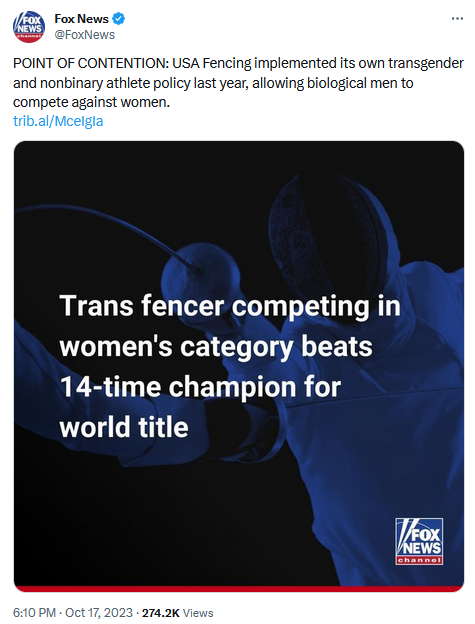 ripx4nutmeg's tweet photo. In the last few days a male fencer has been named women's world champion, USA Cycling has said men can compete in women's competitions, men have won women's running events and Arsenal's women's team has said it will now prioritise 'diversity' because it fielded 11 white players https://t.co/6MHwxo5mZD