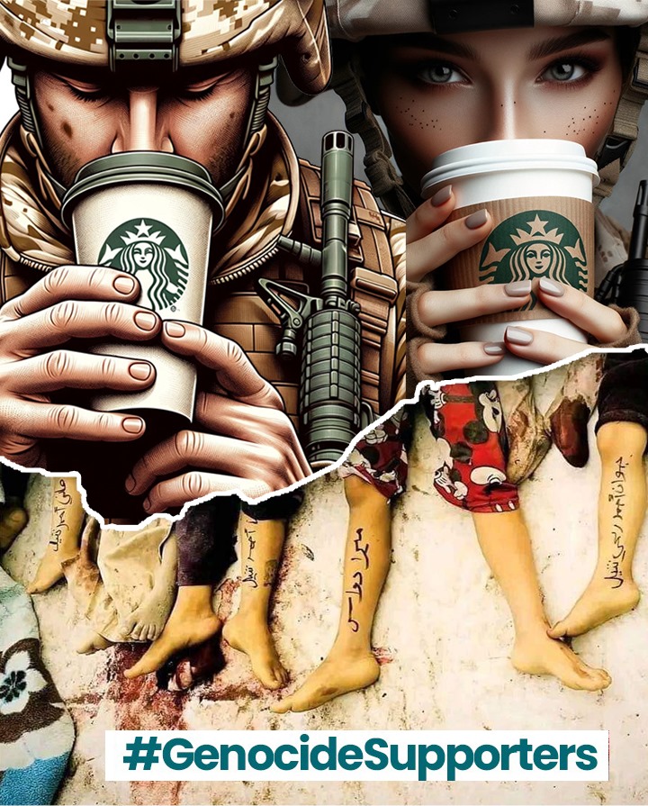 altintasme's tweet photo. When you write your name on your Starbucks cup, remember the children   in Gaza who write their names on their legs. #GenocideSupporters https://t.co/nbRG2F56u8