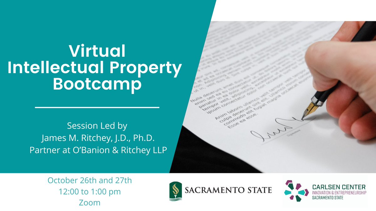 SacStateCarlsen's tweet image. Join us for this session to learn about the basics of intellectual property and how you can protect yourself in the market! eventbrite.com/e/virtual-ip-b…
#IPbootcamp #intellectualproperty