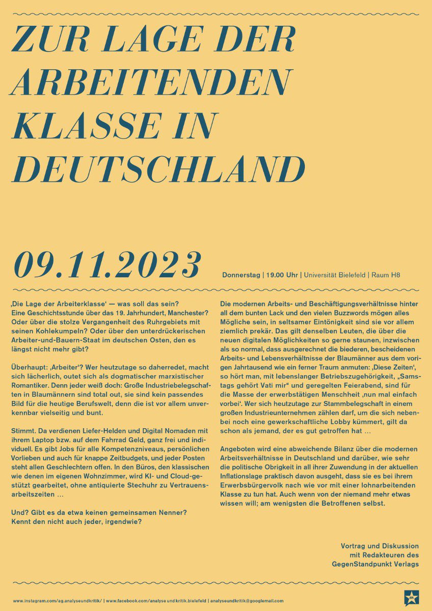 Veranstaltungshinweis
Vortrag: ZUR LAGE DER ARBEITENDEN KLASSE IN DEUTSCHLAND.
Donnerstag | 09.11.2023. | 19 Uhr | H8