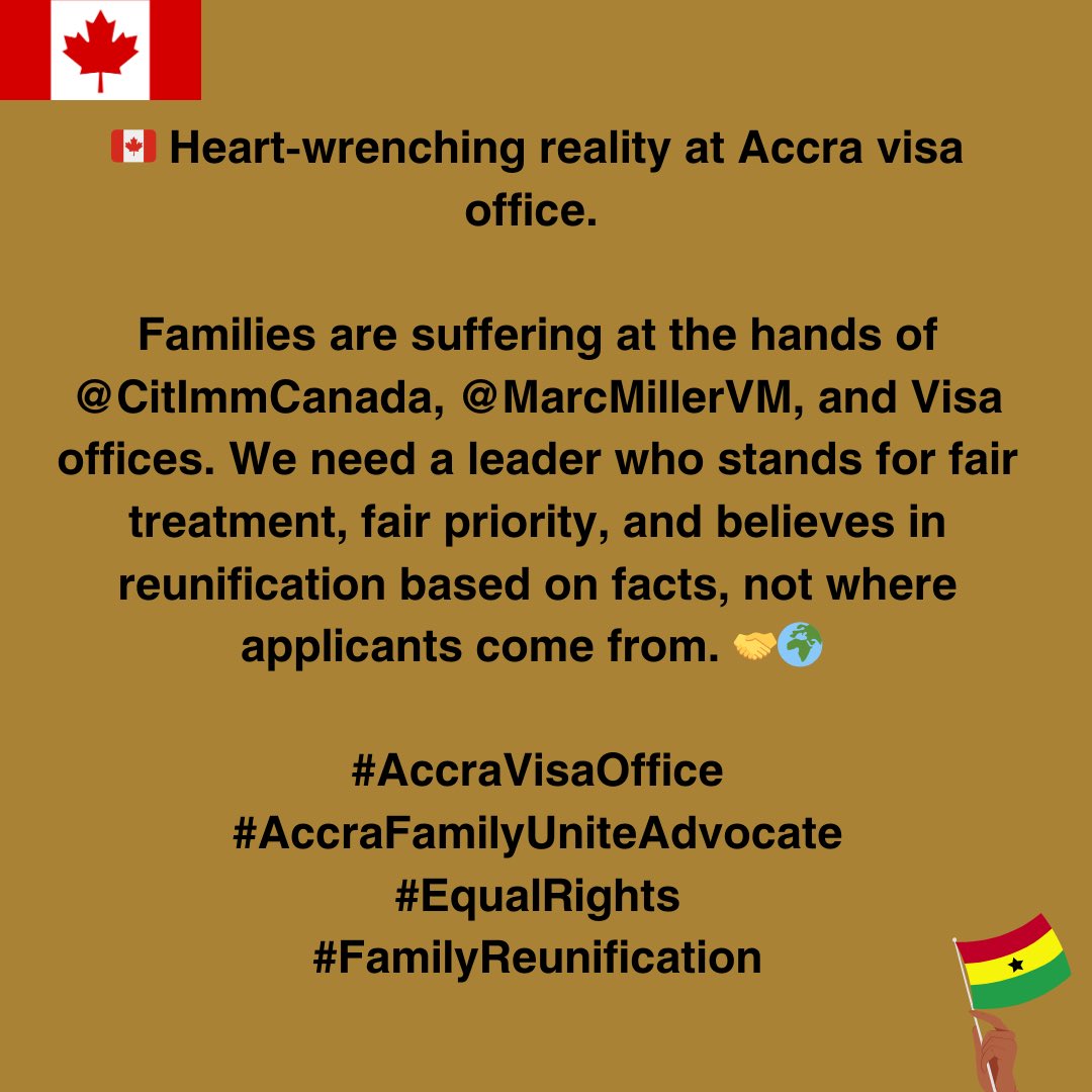 SpouseReunionAC's tweet photo. @CitImmCanada @IEC_EIC 🇨🇦 Minister @MarcMillerVM 

It's time for merit-based immigration, not skin color. 🌎🍁

Let's ensure equal processing times, making Canada's doors open to all, fairly and swiftly. 🤝⏳ #AccraVisaOffice #AccraFamilyUniteAdvocate
#MeritNotColor 
#CanadaImmigration https://t.co/MxPe7nvFeK