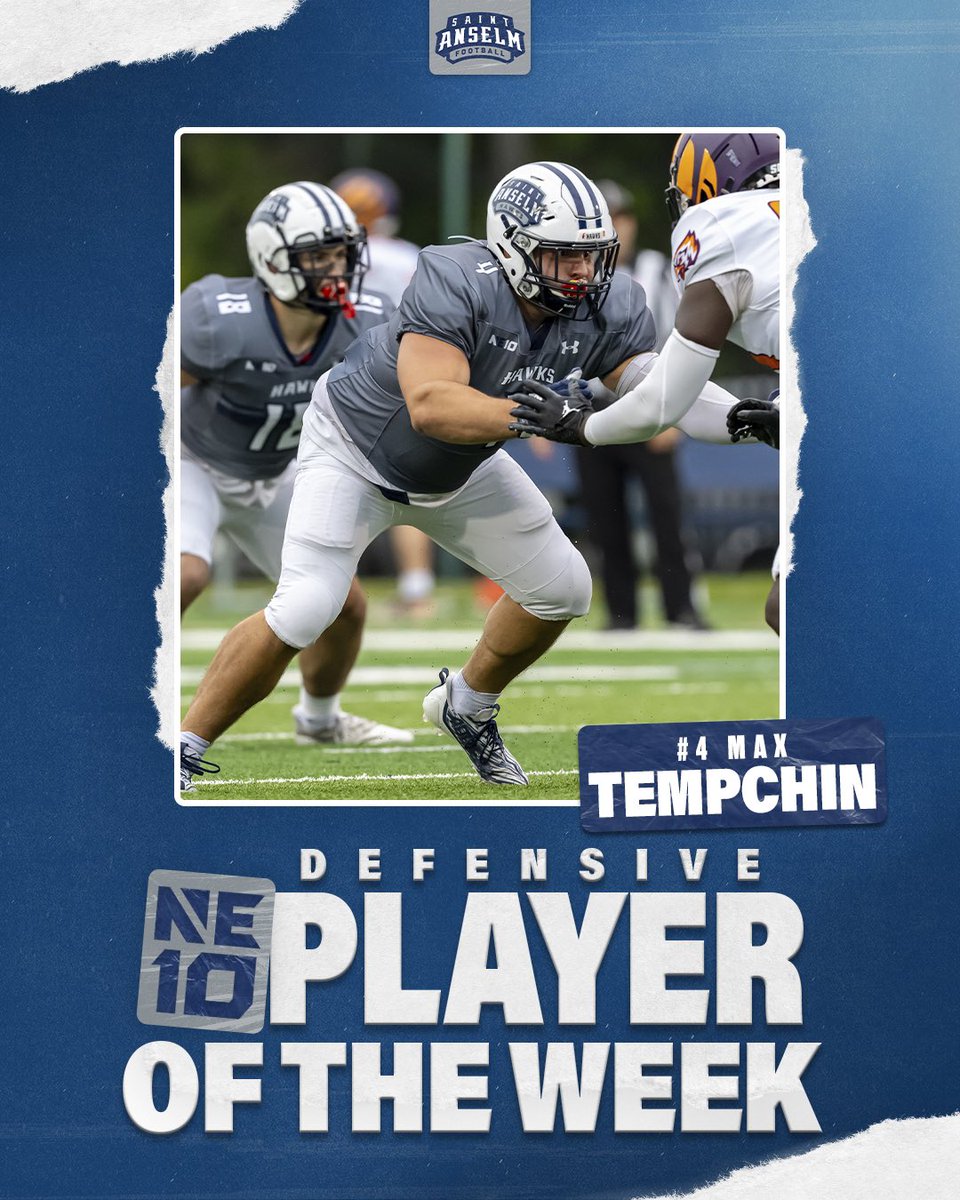 𝐍𝐄𝟏𝟎 𝐃𝐞𝐟𝐞𝐧𝐬𝐢𝐯𝐞 𝐏𝐥𝐚𝐲𝐞𝐫 𝐨𝐟 𝐭𝐡𝐞 𝐖𝐞𝐞𝐤 ➡️ Max Tempchin 
🔘 13 Total Tackles
🔘 2 TFLs
🔘 1.0 Sack
🔘 1 Forced Fumble

📰: saintanselmhawks.com/news/2023/10/2…

#BCM #HawksSoarHigher