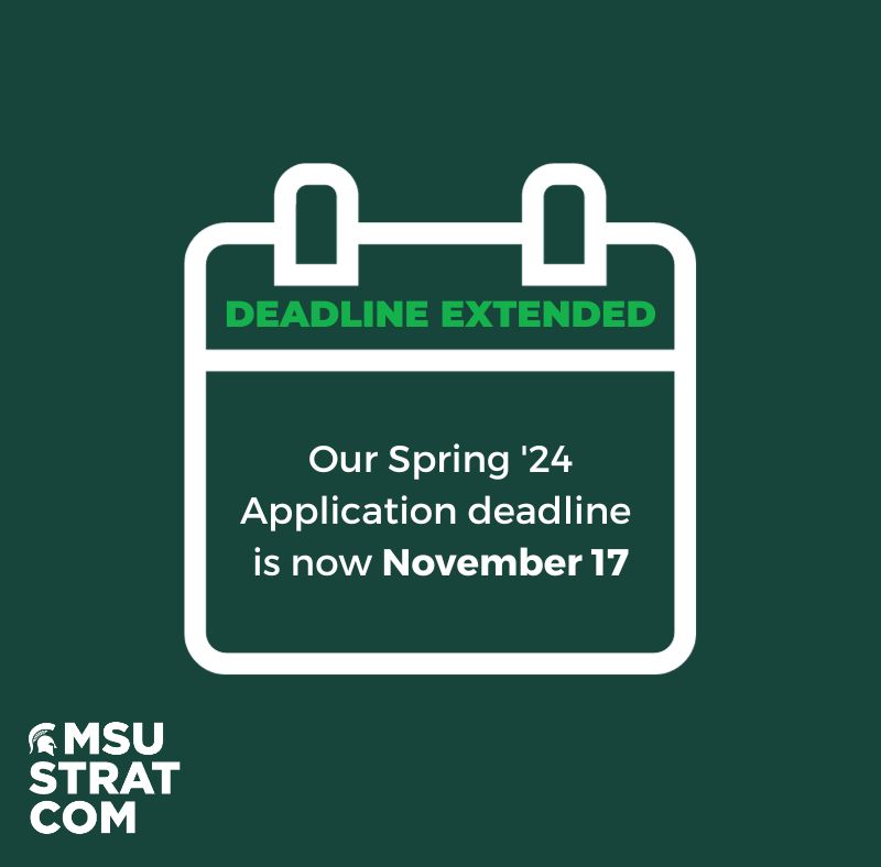 #PSA We've extended our application deadline!

It takes on average 5-7 days to complete an application, which means you still have plenty of time to apply if you've been debating. 

Details here: comartsci.msu.edu/strategic-comm…

<a href="/MSUComArtSci/">MSU ComArtSci</a> #MSUStratCom