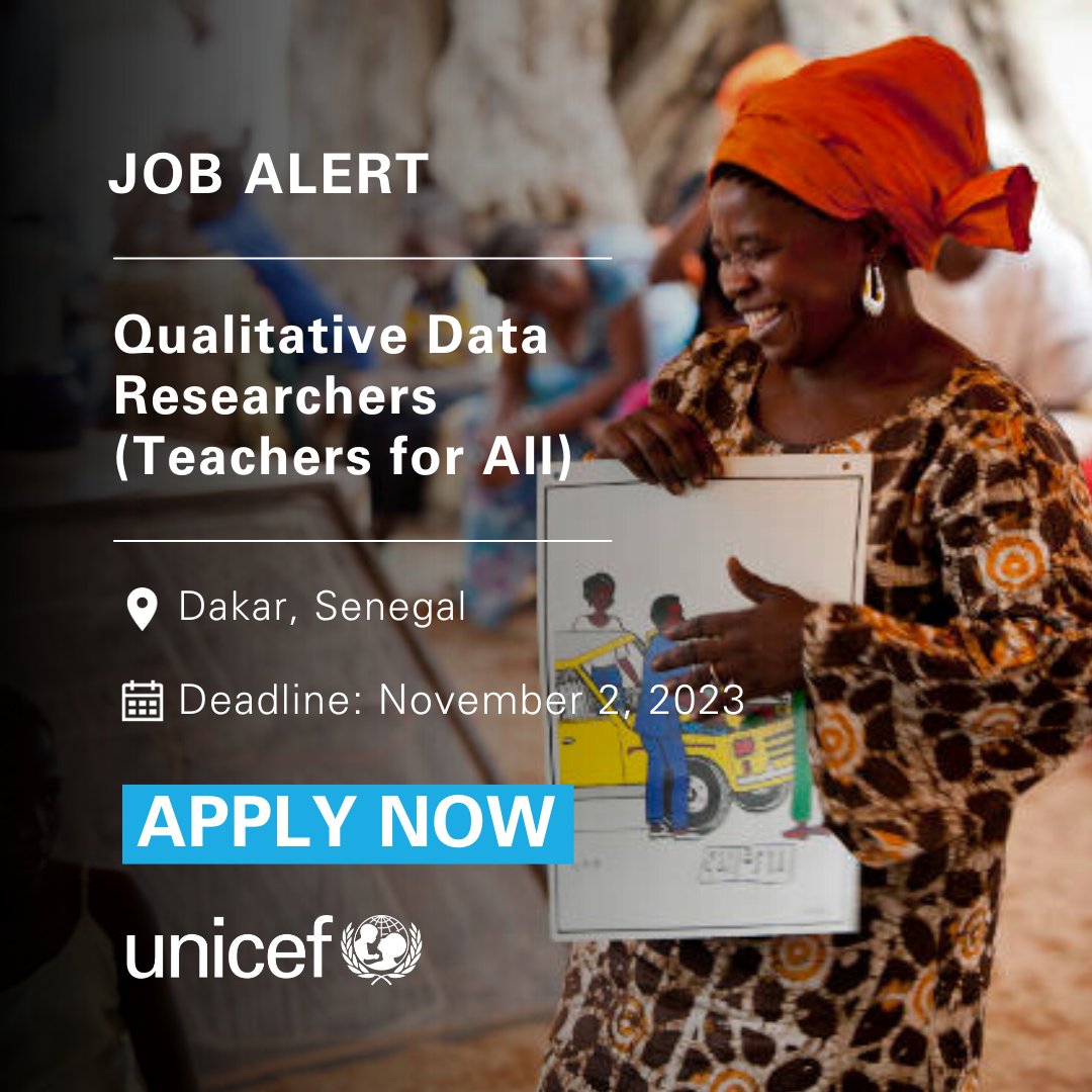 UNICEF Innocenti (@unicefinnocenti) on Twitter photo #JobAlert
<a href="/UNICEFInnocenti/">UNICEF Innocenti</a> + <a href="/unicefsenegal/">UNICEF Sénégal</a> are seeking qualitative researchers to support the #Teachers4All research in Senegal.
•Qualitative data collection
•Transcribing & analysis
• Reporting
➡ APPLY: uni.cf/3MdK3nE
📅November 2, 2023
<a href="/UNjobs/">UNjobs</a> #JobAlert
<a href="/UNICEFInnocenti/">UNICEF Innocenti</a> + <a href="/unicefsenegal/">UNICEF Sénégal</a> are seeking qualitative researchers to support the #Teachers4All research in Senegal.
•Qualitative data collection
•Transcribing & analysis
• Reporting
➡ APPLY: uni.cf/3MdK3nE
📅November 2, 2023
<a href="/UNjobs/">UNjobs</a>