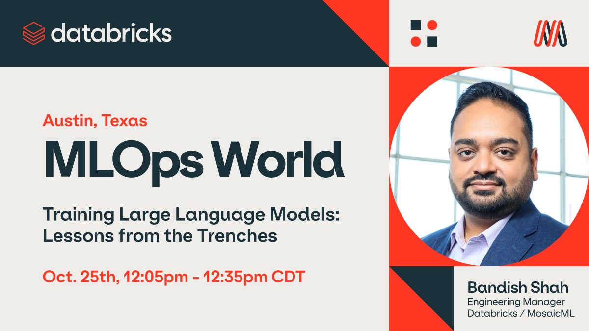 Headed to #mlopsworld2023 in Austin, TX? 🤠 @bandish shares his key learnings on training #LLMs — find out what pitfalls to avoid and how to make your #training workflow easier! #GenAI mlopsworld.com/speakers/