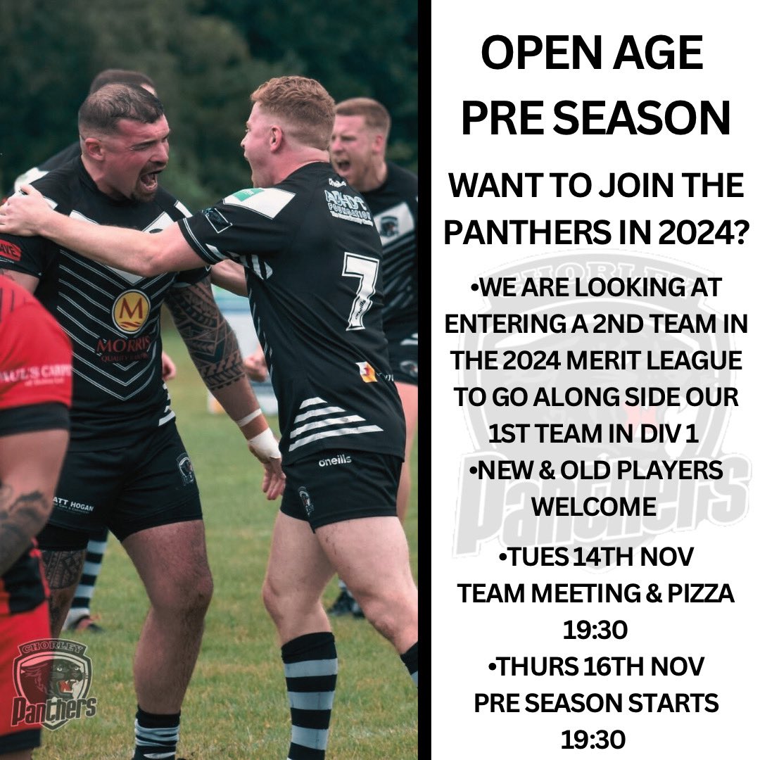 Lets go ⚫️⚪️⚫️ spread the word, the Panthers are on the up in 2024 🏉 drop me a message if you’re interested <a href="/ChorleyPanthers/">Chorley Panthers RLFC</a>