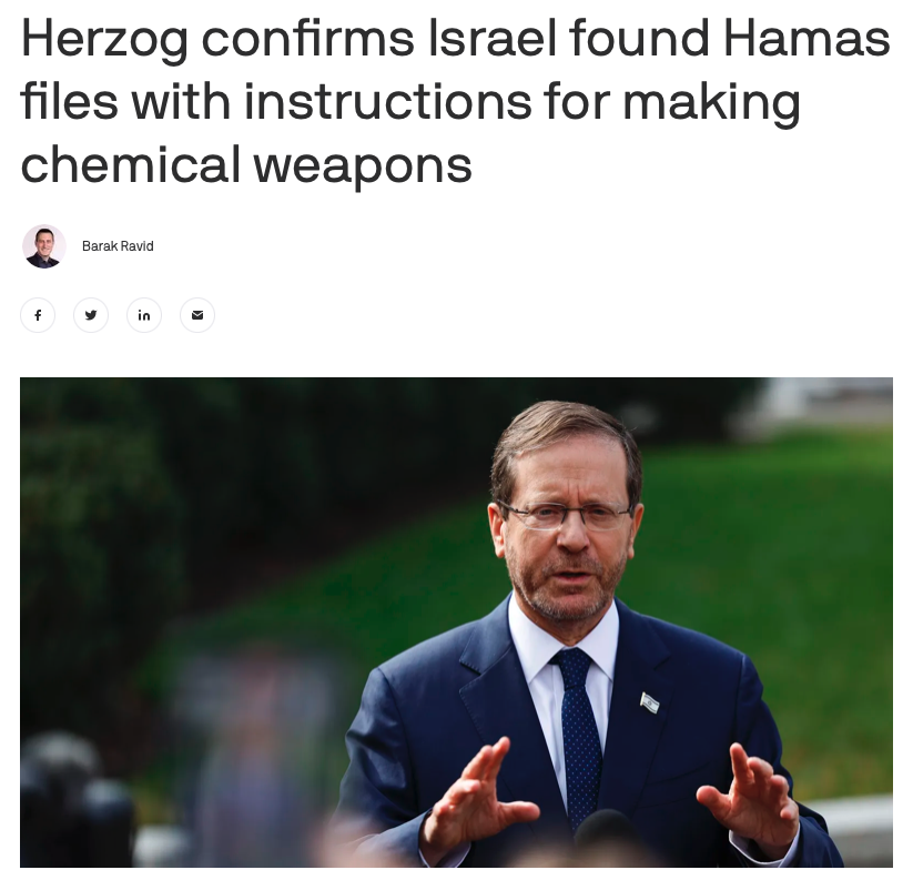 Jonathan_K_Cook's tweet photo. After peddling the lie of Hamas beheading babies, western media are once again promoting an easily debunked deception from Israel.

President Isaac Herzog says a Hamas fighter killed in Israel was carrying a manual on how to make chemical weapons. 

EXCEPT:

The manual is *not* about how to make chemical weapons. It is a short online biography of Ramzi Yousef, who was jailed for trying to bomb the World Trade Center in 1993.

Israel is trying to manipulate westerners into thinking Hamas is the same as al-Qaeda and Islamic State. Why? So we will be more sympathetic to the idea of destroying Gaza and care less about Israel's campaign of atrocities. 

Even assuming this document is genuine, and not planted, evidence, it suggests only that Hamas – caged into Gaza, like its other 2.3 million inhabitants – is trying to develop new guerrilla tactics to free Gaza from 15 years of a slow-motion, genocidal siege.

The answer to that isn't to deepen the reasons for Palestinian grievance by speeding up the genocide. It's to stop the genocide.