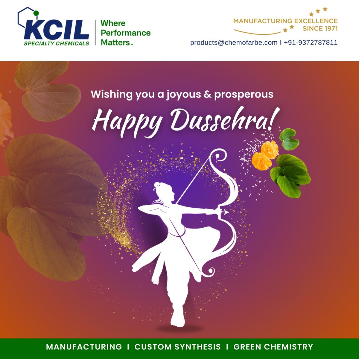 Wishing you a joyous and prosperous Dussehra! May this festive season bring you victory over all obstacles and the triumph of good over evil. 🏹🌟 #HappyDussehra #KairavChemofarbe  #SpecialityChemicals  #KCIL