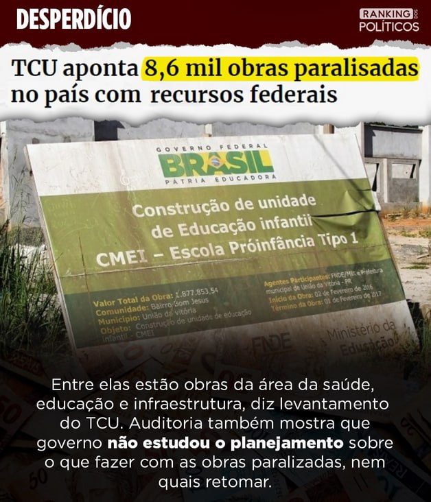 Eis o ralo de dinheiro público!

Entre os estados com mais obras paradas, se destaca o Maranhão, com 879 construções paralisadas; a Bahia, com 840; e o Pará, com 674.
<a href="/FlavioDino/">Flávio Dino 🇧🇷</a> seu estado no topo da lista?
<a href="/alexandre/">R.s</a> e aí rei, isso pode?
<a href="/LulaOficial/">Lula</a> seu governo é 1 lixo!
