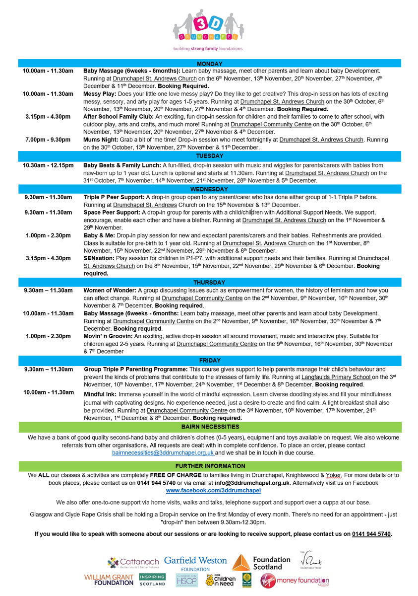 3D_Families's tweet photo. Our October - December programme has now been finalised. Please see below for dates and information for sessions running. If you have any questions, or would like to book in for a session that requires booking in, please contact us on 0141 944 5740. https://t.co/5VEjhFtnB1