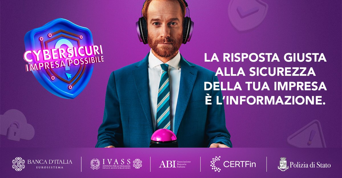 ivassocial's tweet image. Parte “ #Cybersicuri - Impresa possibile”, la campagna per sensibilizzare le #Pmi sull’importanza di investire nella #SicurezzaInformatica . La campagna è promossa dal #CERTFin e partecipano anche #IVASS e @bancaditalia . Per saperne di più vai su cybersicuri.it