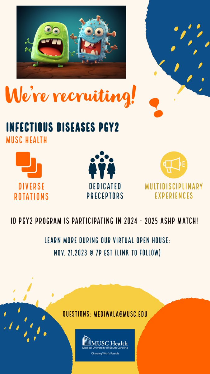 The <a href="/MUSCPharmRes/">MUSC Pharmacy Residency</a> ID PGY2 is participating in the 2024-24 <a href="/ASHPOfficial/">ASHP</a> Match! Be sure to sign up for our virtual open house (link coming soon!) or reach out to our team with any questions! <a href="/MUSChealth/">MUSC Health</a> <a href="/ID_MUSC/">MUSC Infectious Diseases</a>