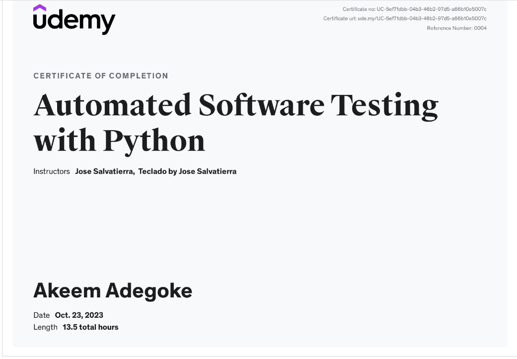 Justkeem1's tweet photo. My course completion certificate for "Automated Software Testing with Python" https://t.co/yCDwOJcj6N via @udemy https://t.co/koPcrsucqp