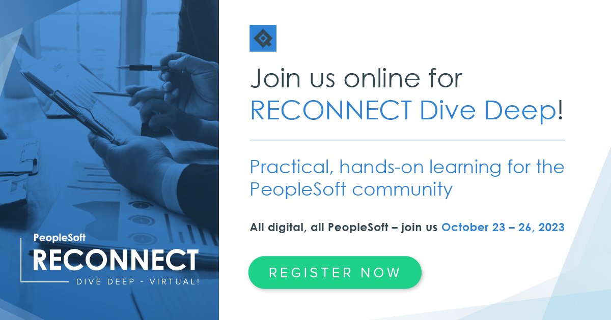 QuestUserGroup's tweet photo. RECONNECT Dive Deep kicks off TODAY at NOON ET! All digital, all PeopleSoft. There's still time to register! https://t.co/HRrYvp6cmM #RECONNECTDiveDeep https://t.co/UARbI7UklW