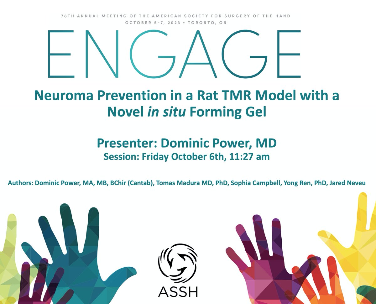 TMR is a great option for post-amputation neuroma &amp; phantom pain. Failure may be due to co-aptation site neuroma recurrence. This work explores a novel strategy to reduce repair site neuroma. Thank you to Toma Madura &amp; Tulavi Theraeutics for entrusting me to present at ASSH 2023.