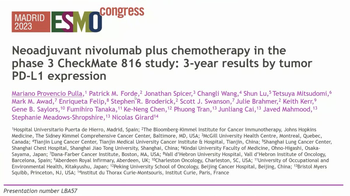 StephenVLiu's tweet photo. #ESMO23 Dr. @MARIANOPROVENCI presents 3y results from CheckMate 816 by tumor PD-L1 expression. In PDL1+, pCR 32.6%, EFS HR 0.46, OS HR 0.37, 3y OS rate 85% vs 66%. Similar when looking at stage II-IIIA. Fantastic. https://t.co/5C5RrfgI68