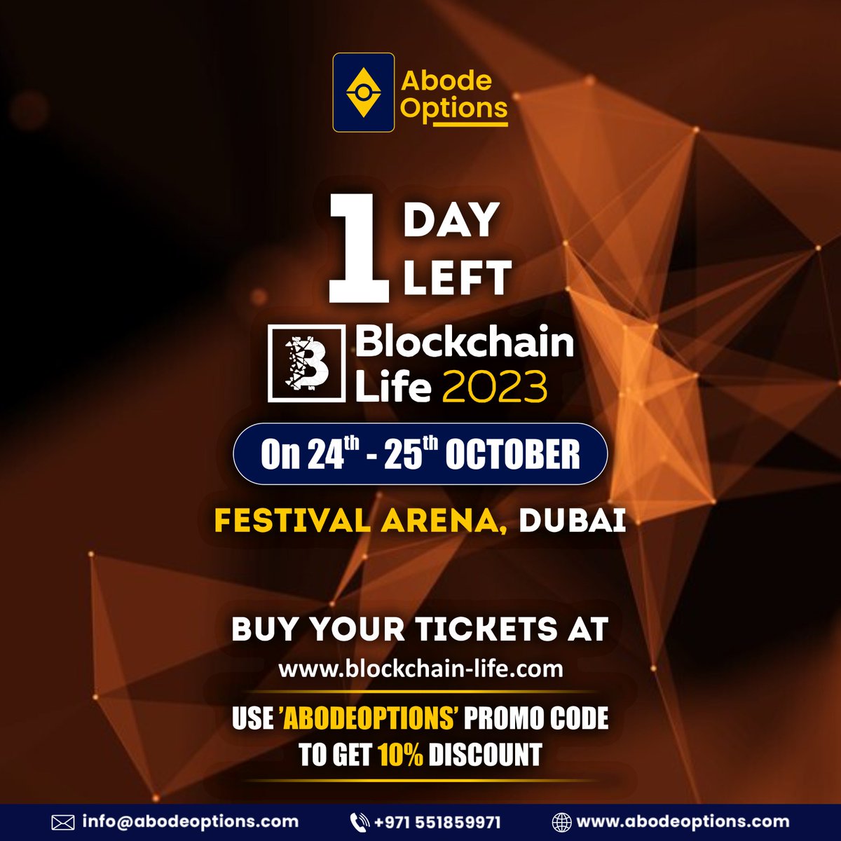 AbodeOptions's tweet photo. Only 1 day left until @blockchain_life_forum! Join us in Dubai for one of the largest crypto events in the world, with over 7,000 attendees from 120 countries! Get your tickets now and use discount code ABODEOPTIONS to save 10%!
.
. https://t.co/4CgcmiTaD0