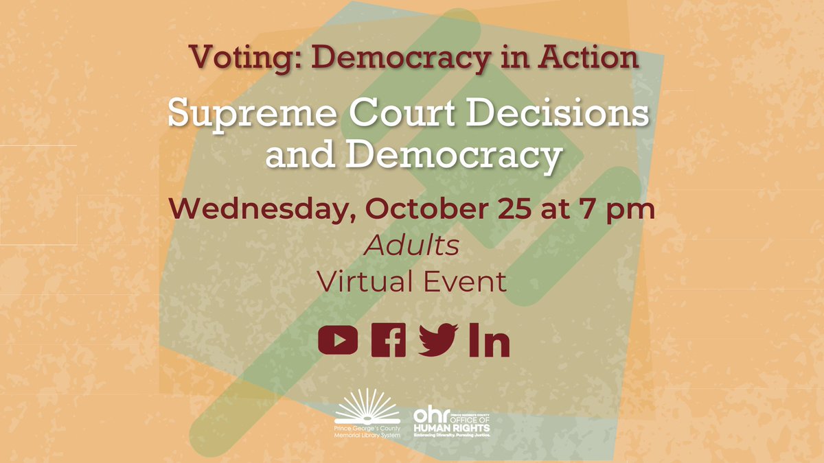PGCOHR's tweet photo. In partnership with @PGCMLS this week we will welcome Renée Battle-Brooks, Gabriel Christian, and F. Michael Higginbotham in discussion with a deep look at the effects of the recent Supreme Court decisions on democracy!

Save the date and join us here: https://t.co/6pPXHaDfY9 https://t.co/NkmtvhDhGh