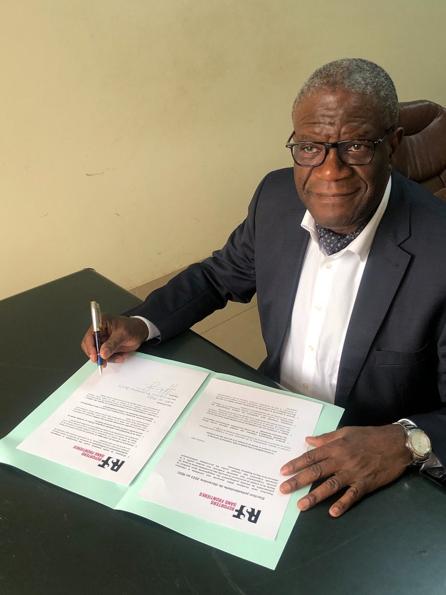 #DRC: @DenisMukwege Nobel Peace Prize laureate, is the first signatory of the 10 commitments to press freedom, the safety of journalists and the right to reliable information in the 🇨🇩, an appeal by RSF to the presidential candidates. rsf.org/en/rsf-urges-d…