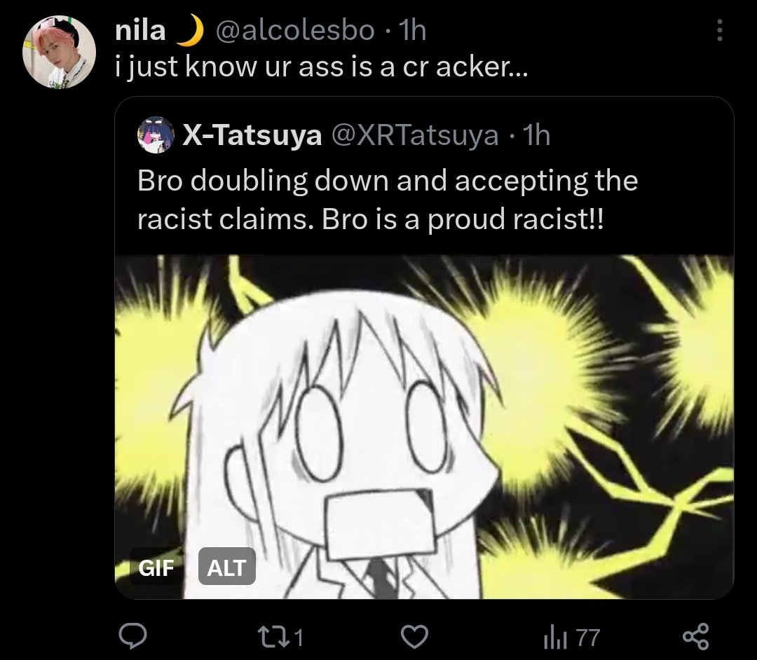 LegitMute19's tweet photo. This is what Meowzen is all about.
User @/alcolesbo has been banished from Twitter.
She wished people death multiple times and is blatantly racist against white people.
Therefore, she was axed.
Meowzen will create a safe space for everyone.
#Anitwt
#Meowzen https://t.co/UI7UQVWxm7