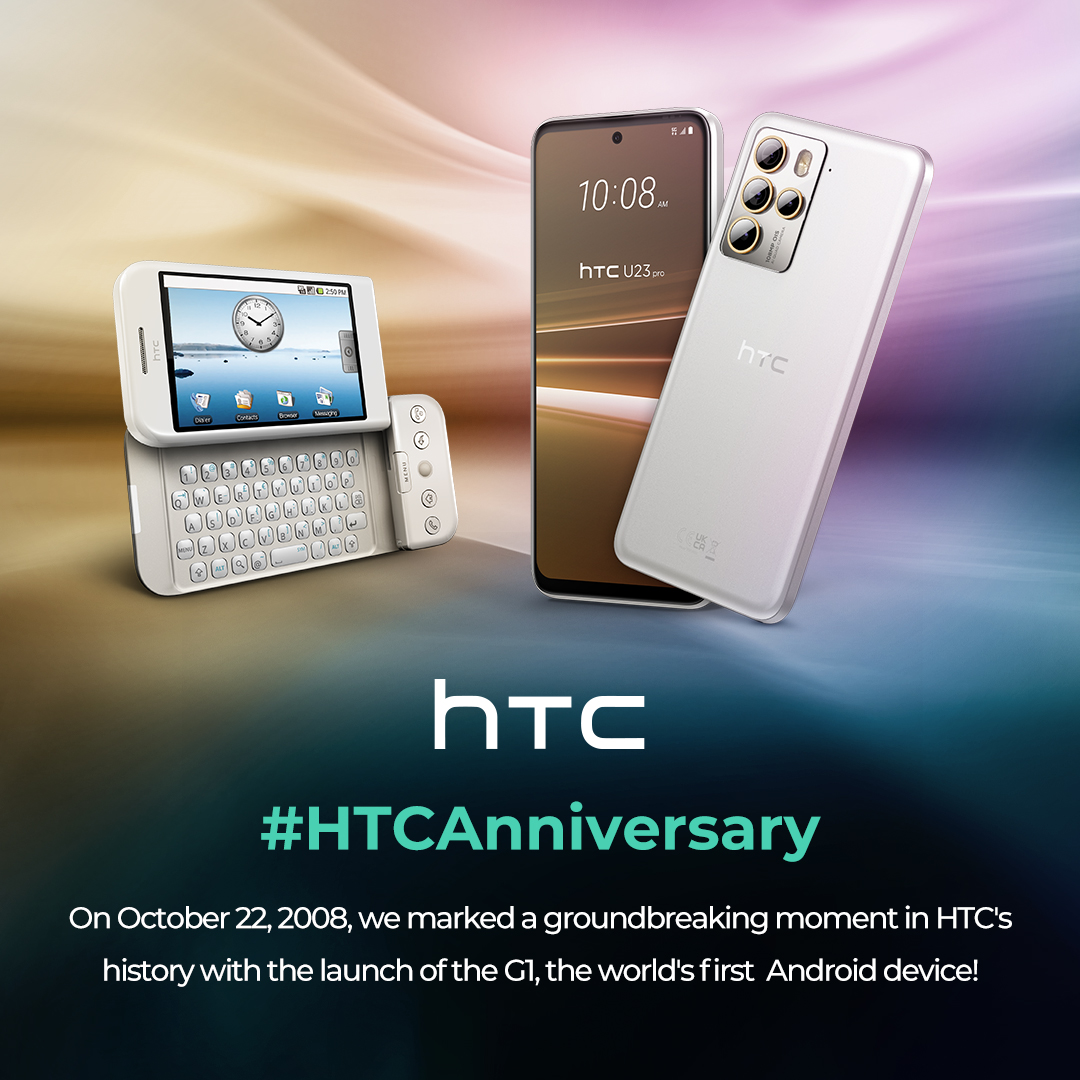 HTCPolska's tweet photo. 22 października 2008 roku, razem z premierą HTC Dream (G1) i systemem Android, rozpoczęła się rewolucja. Dziś kontynuujemy ten duch innowacji z HTC U23 pro - nowym modelem z niezrównanym doświadczeniem Androida. Dołącz do świętowania postępu! 🚀 #HTCAnniversary #HTCU23pro 📱✨ https://t.co/1gkF2yxERW