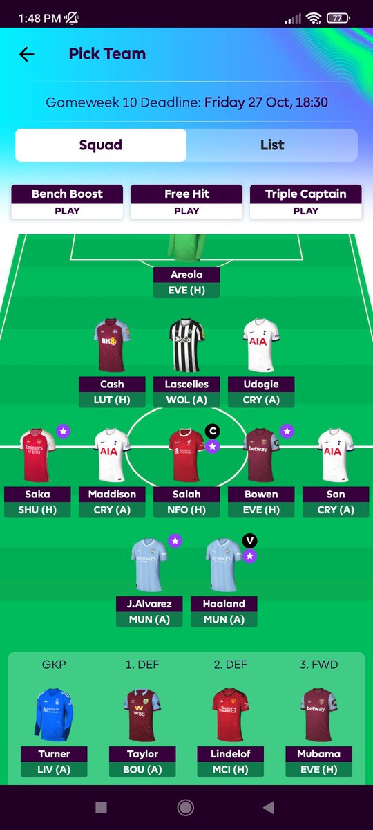 DanielBiggs8's tweet photo. @FPL_JianBatra This is what I'm running at the moment. Got rid of trippier this week to finance Saka. Lascelles will be replaced as soon as he's dropped or if Bowen doesn't continue to produce. I'm 31k in the world, 9k in England! https://t.co/MjjiUyjZYG