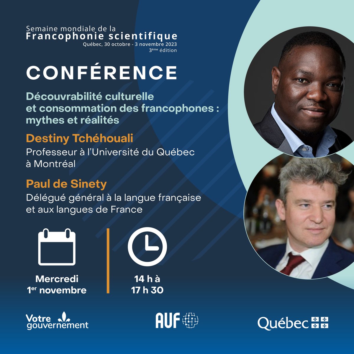 Ens_supQC's tweet photo. #SMFS2023 | 𝗔̀ 𝘃𝗼𝘀 𝗮𝗴𝗲𝗻𝗱𝗮𝘀! 
⏰ 1er novembre 2023 dès 14 h
Regardez nos tables rondes sur la découvrabilité culturelle et scientifique des contenus francophones sur notre page Facebook.
𝗣𝗼𝘂𝗿 𝗽𝗹𝘂𝘀 𝗱’𝗶𝗻𝗳𝗼𝗿𝗺𝗮𝘁𝗶𝗼𝗻 : https://t.co/9YDeMKazfN https://t.co/EITlxKx2Oc