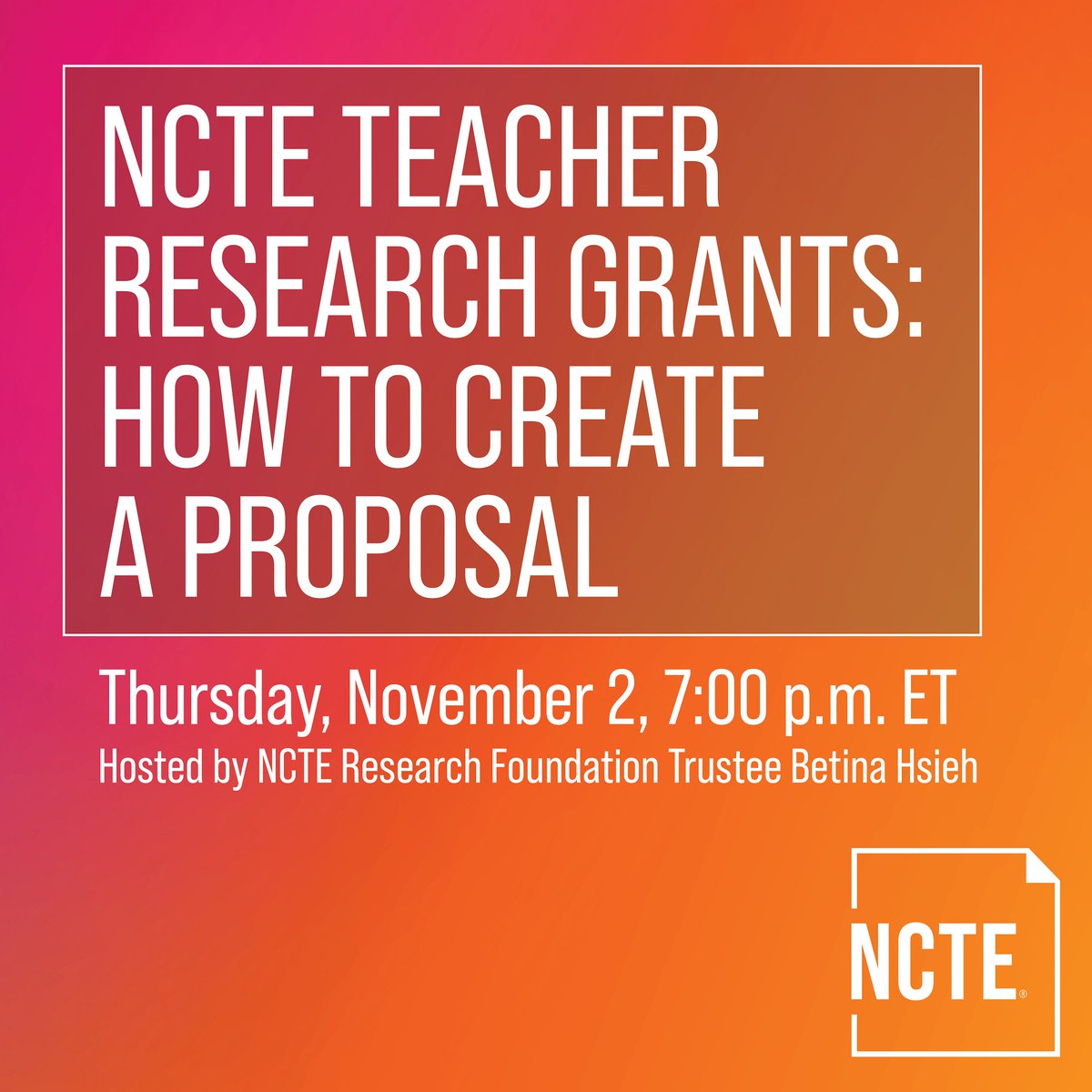 ncte's tweet photo. Join NCTE Research Foundation Trustee Betina Hsieh on Thursday, November 2, at 7:00 p.m. ET as she shares tips on creating a proposal and answers any additional questions you may have related to NCTE Teacher Researcher Grants. Register here: https://t.co/YV0SdHBk2z. https://t.co/2YGwjGlQMM