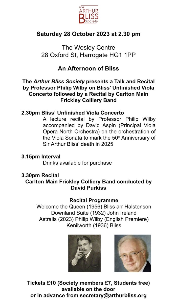 💙 An Afternoon of Bliss 💙

Thanks to the kind invitation of Professor Philip Wilby, the band is delighted to be performing this Saturday afternoon in Harrogate for the AGM of The Bliss Society.

Full details on the flyer.

#cmfcb #arthurbliss #brassband <a href="/ArthurBlissSoc/">Arthur Bliss Society</a>