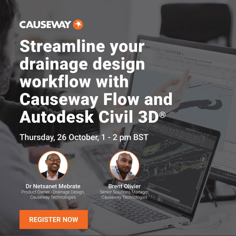 CausewayTech's tweet image. 📢 Join our CPD webinar on Oct 26, 1-2 pm BST! Learn to integrate AutoCAD, Civil 3D, and Causeway Flow, use rainfall data, and customise drainage. 

Don&apos;t miss it! Register now: 

campaign.causeway.com/design/plug/we…