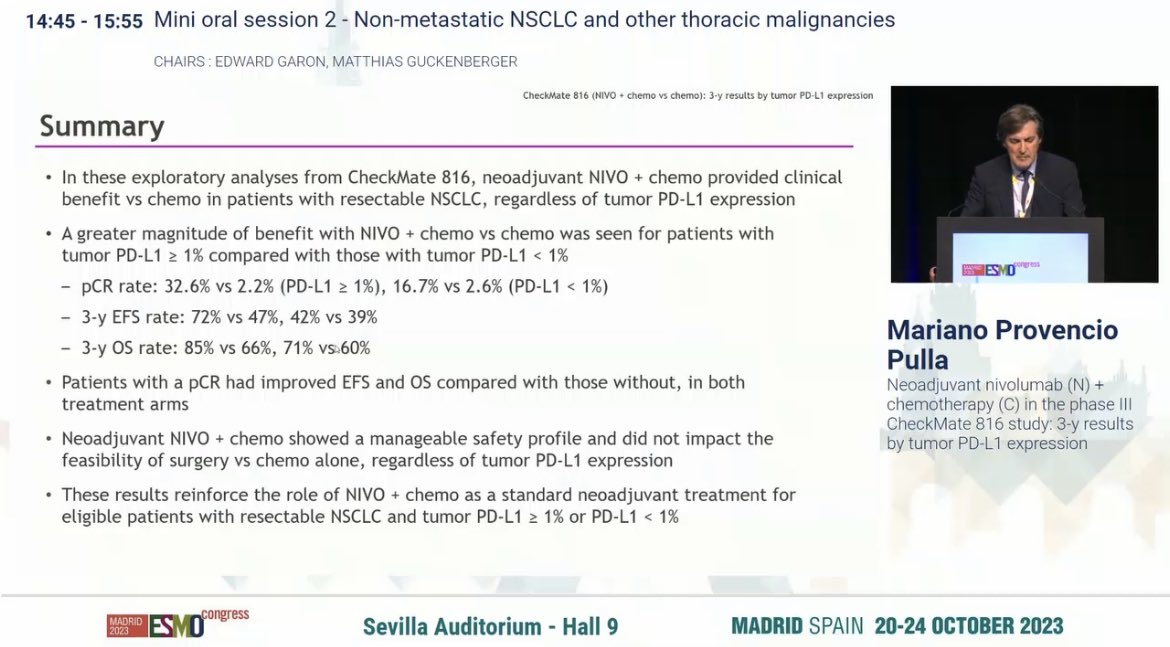 CharuAggarwalMD's tweet photo. #ESMO23 @myESMO Subset analysis of #CM816 by @MARIANOPROVENCI 
Neoadjuvant ChemoIO numerically superior in PDL1 positive #NSCLC https://t.co/vHFJcyDCHo