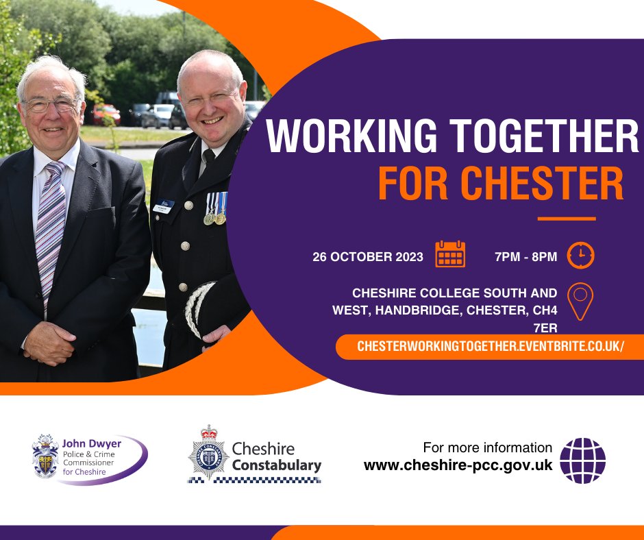 Police and Crime Commissioner for Cheshire (@cheshirepcc) on Twitter photo 📣 Chester residents- have you reserved your space at the Working Together event yet? <a href="/PoliceChester/">Chester Police</a>
Residents will hear from and discuss policing issues with me, the Chief Constable, and their local team.
There are still a few spaces left, sign up ➡️ orlo.uk/jDcFS 📣 Chester residents- have you reserved your space at the Working Together event yet? <a href="/PoliceChester/">Chester Police</a>
Residents will hear from and discuss policing issues with me, the Chief Constable, and their local team.
There are still a few spaces left, sign up ➡️ orlo.uk/jDcFS