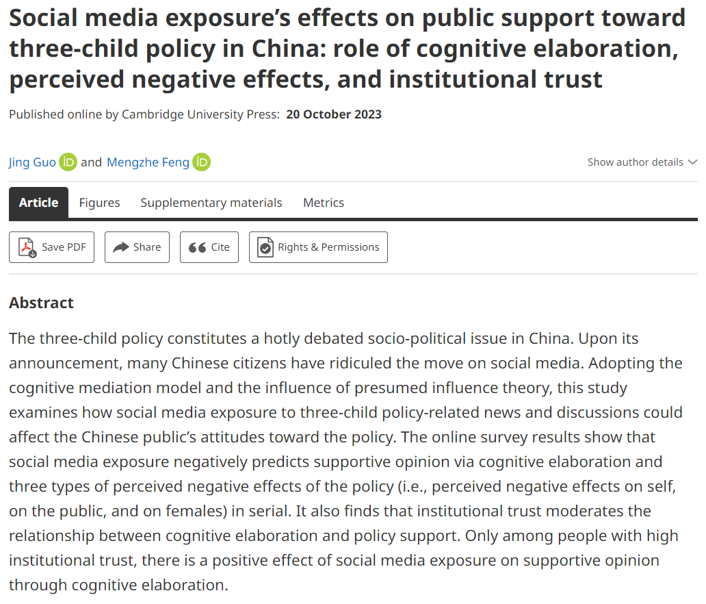 A new interesting article by @yasmin890623 and Mengzhe Feng. Available on Firstview, 'Social media exposure’s effects on public support toward three-child policy in China: role of cognitive elaboration, perceived negative effects, and institutional trust': t.ly/GuNPU