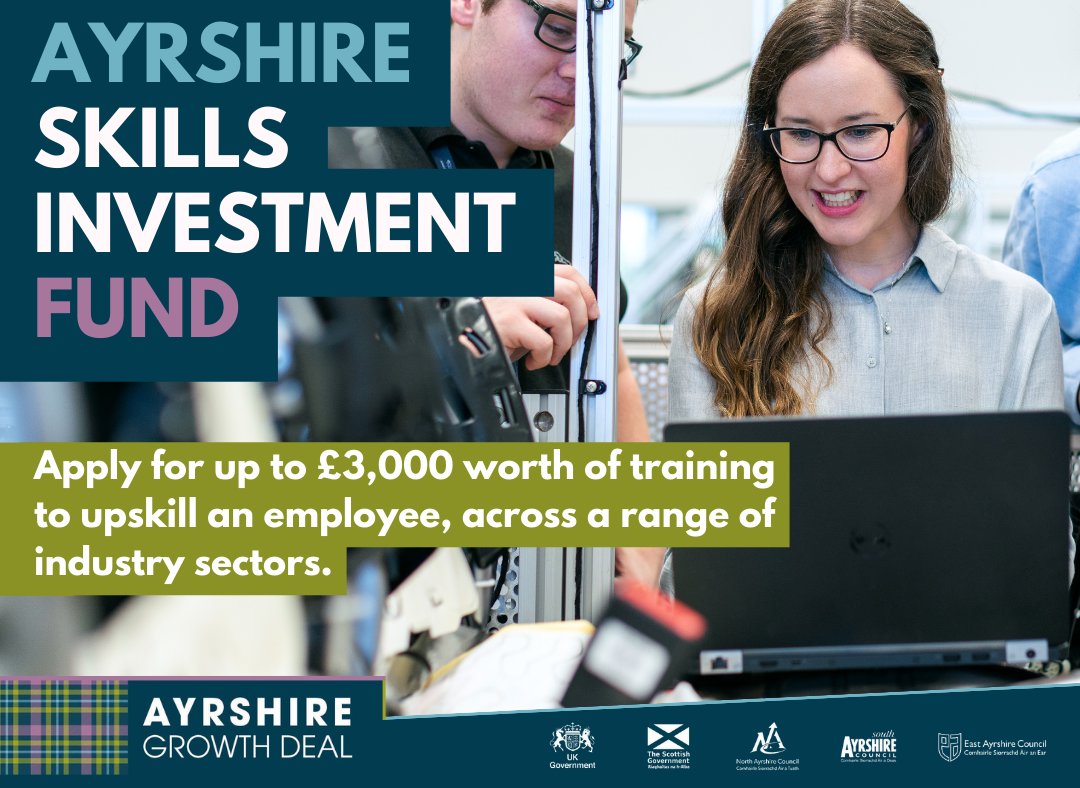 Ayrshire businesses can now apply for up to £3000 to help develop new skills and support inclusive economic growth across Ayrshire. The fund is open for the following industry sectors: - Engineering - Digital - Visitor Economy - Clean Growth More info at ayrshiregrowthdeal.co.uk/skillsfund