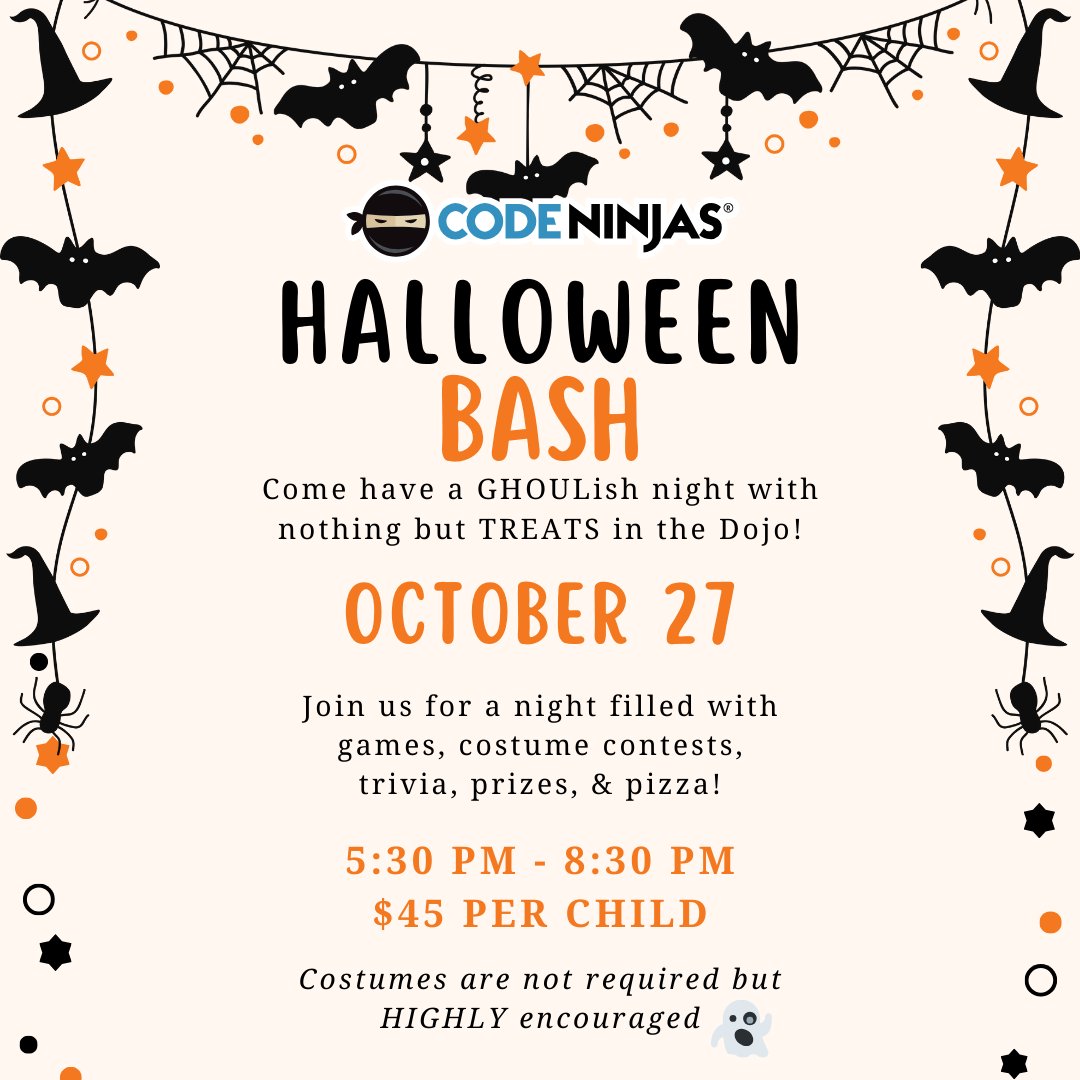 CodeNinjasALX's tweet image. Come one, come all to our Halloween Bash! Join us for a night filled with games, costume contests, trivia, prizes, and pizza! Sign up online or in person today!
#codeninjas #parentsnightout #kidsnightout #halloweenbash #alexandriava #octoberspooktacular #hiyah