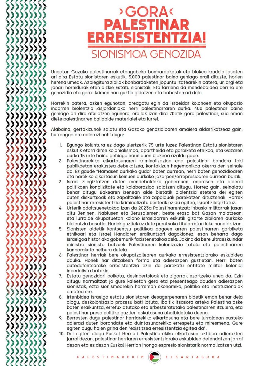 🔺MANIFESTUA🔻 #PalestinarekinElkartasuna Gaur goizean publiko egin dugun manifestuaren edukia. Palestinarekin Elkartasuna EHko hainbat kolektibok sustatutako ekimena da.

U28an denak Bilbora!

🇵🇸🇵🇸🇵🇸🇵🇸🇵🇸🇵🇸🇵🇸🇵🇸🇵🇸🇵🇸🇵🇸