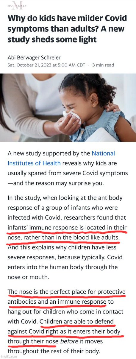 Why do kids have less severe 'Covid' than adults? Apparently, children's 'immune' system is in the nose, rather than in the blood like adults. This leads to 2 possible conclusions: 1. The 'immune' system gets dumb as we age. 2. They are making crap up. yahoo.com/lifestyle/why-…