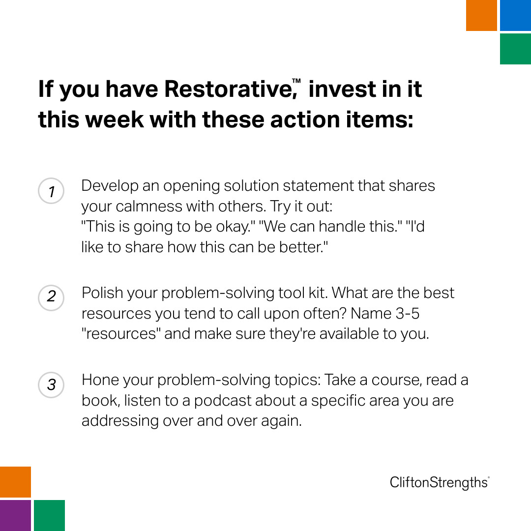 If you have Restorative, these talents may lead you to be overly self-critical. Try to redirect this toward things about yourself that can be fixed, such as knowledge or skill deficits, or toward external, tangible problems. on.gallup.com/3rXC7QL #Restorative #CliftonStrengths