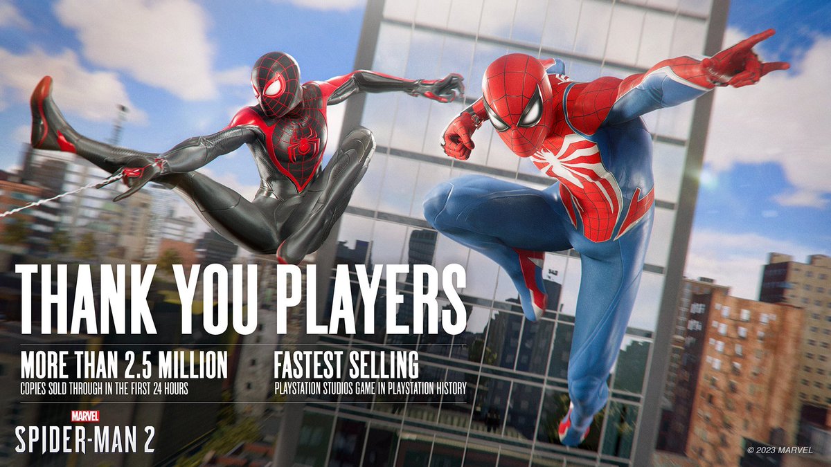 Wario64's tweet photo. Spider-Man 2 has sold more than 2.5 million copies in its first 24 hours, fastest selling PlayStation Studios title in PlayStation history https://t.co/kN6odQN3Vx