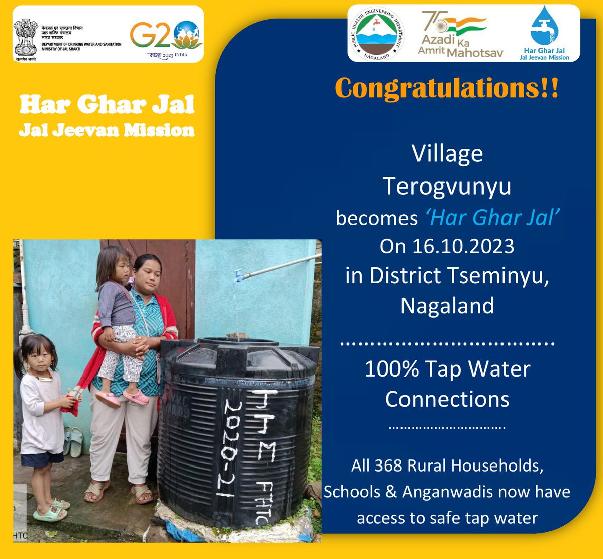HimbTenyebinlo's tweet photo. Congratulations to my people and Terogvunyu Village, Tseminyu on becoming ‘Har Ghar Jhal’ with 100% Tap water connections.
Grateful to the state leadership of Sir @jacob_zhimomi, @nagalandphed and the village leaders for the implementation.
@YepthomiBen
#ProcessForProgress https://t.co/3ig4Q1Yr3k
