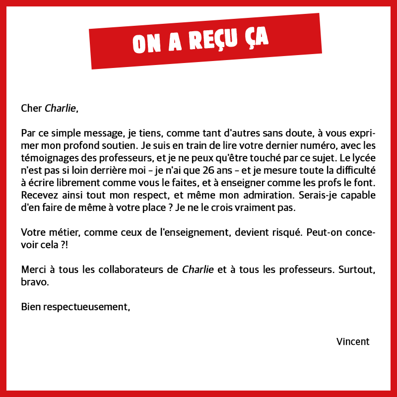 Charlie_Hebdo_'s tweet photo. On a reçu ça | On est très heureux de se dire que, chaque semaine, on écrit aussi un peu pour toi, Vincent ! https://t.co/T48GIEPAJK