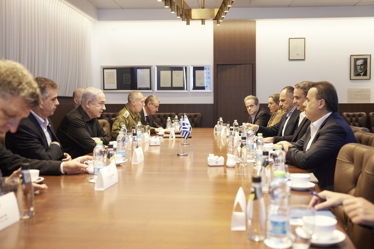 PrimeministerGR's tweet photo. Dear PM @netanyahu, I am here not just as an ally, but as a friend. Greece supports Israel's right to self-defense in line with International Law. It's important to stress the need to protect civilians, to free Israelis held hostage by Hamas and to avoid a humanitarian crisis. https://t.co/G6wTTZWsQx