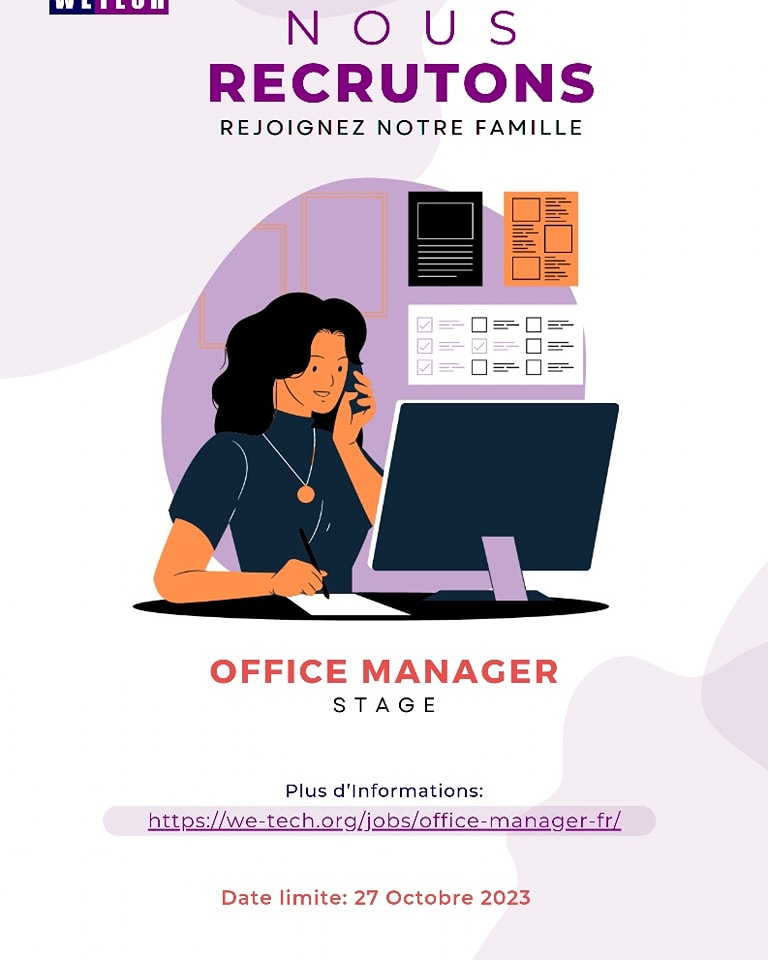 Nous recrutons!!! 
WETECH cherche une Office Manager pour gérer son bureau basé à Douala.
- Détail sur l'offre et pour postuler:
we-tech.org/jobs/office-ma…
- Cliquez sur le lien pour postuler:  we-tech.org/jobs/office-ma….

Date limite: Vendredi 27 Octobre 2023
#wetech #recrutement