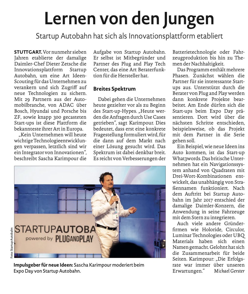 <a href="/StartupAutobahn/">STARTUP AUTOBAHN powered by Plug and Play</a> was founded in 2016 by <a href="/PlugandPlayTC/">Plug and Play Tech Center</a> <a href="/MercedesBenz/">Mercedes-Benz</a> @arena2036 <a href="/Uni_Stuttgart/">Uni Stuttgart</a>. Today, it's the biggest innovation platform in Europe.🚀Read the story behind #startupautobahn and how its role has changed over the years in @Automobilwoche 🇩🇪 shorturl.at/efipM