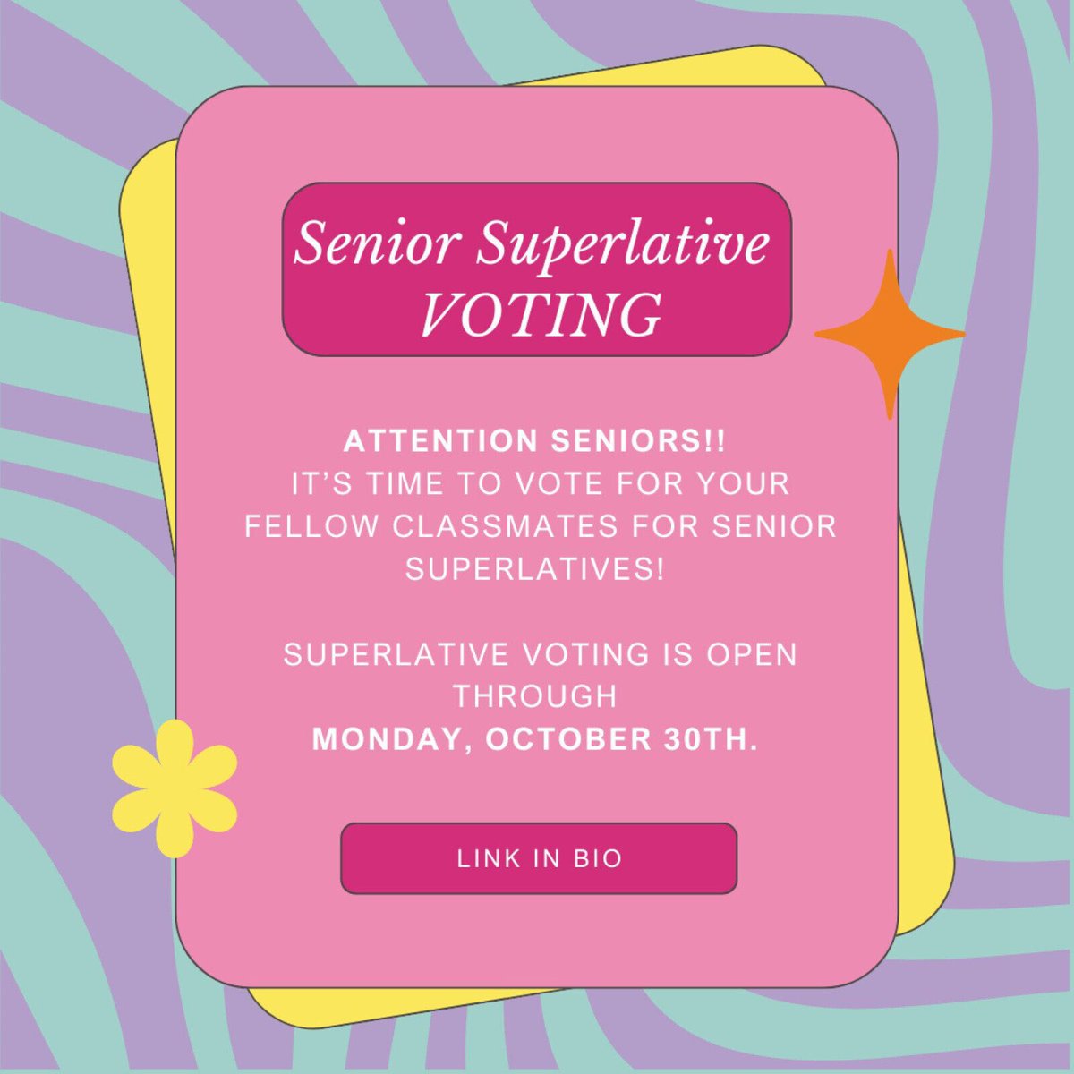 SENIOR GATORS: You sent in nominations for Senior Superlatives, now it's time to VOTE! Click the link in our bio to vote for who you think should be the winners in each category. Form will be open through END OF SCHOOL on MONDAY, OCTOBER 30!